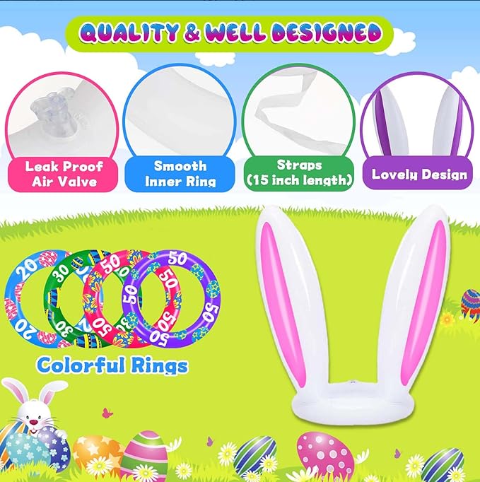 Easter Games for Kids, Easter Inflatable Bunny Ring Toss Games (2 Sets & 8 Score Rings), Ring Toss Game for Easter Party Favors Indoor Outdoor Games