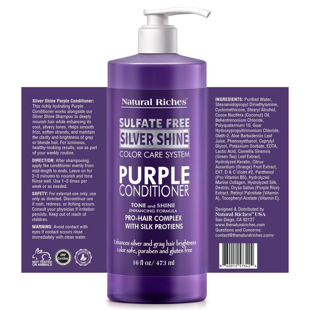 Natural Riches Radiant Silver Shine Purple Shampoo and Conditioner Set for Gray Hair - Paraben-Free and Color Safe – With Silk Proteins, Tones Dull Hair, Softens & Adds Shine - 16 fl oz