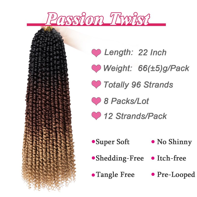 Leeven 22 Inch Pre-twisted Passion Twist Crochet Hair 3 Tones 8 Packs Ombre Brown Bohemian Crochet Passion Braids Hair for Passion Twist Braiding Hair With Curly Ends 96 Strands (1B/30/27#)