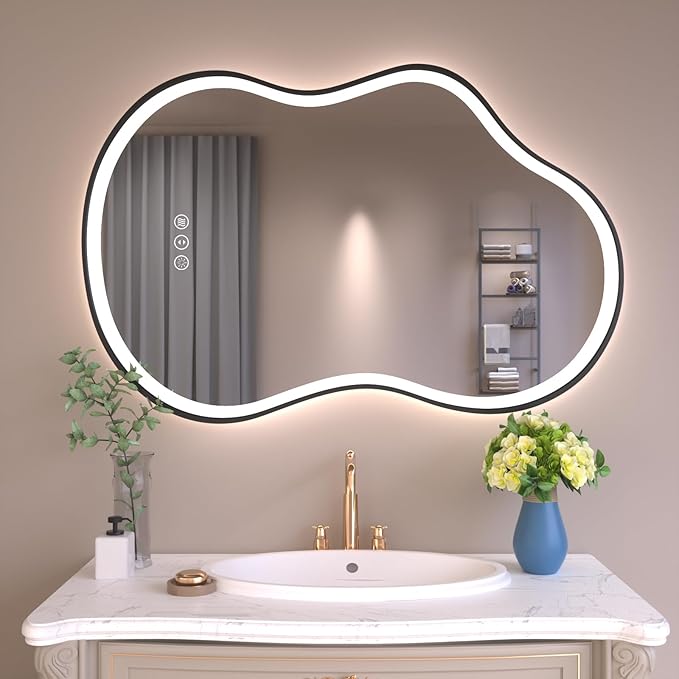 WTTY LED Irregular Bathroom Mirror 24x36 Inch with Front & Back Lights - Asymmetrical Design, Anti-Fog, Dimmable 3 Color Temperatures, Shatterproof Glass, Horizontal or Vertical Mount (Black Frame)