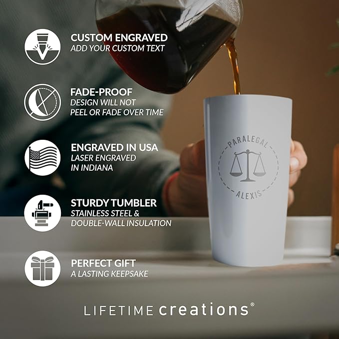 Lifetime Creations Engraved Personalized Lawyer Tumbler with Lid 20 oz (White) - Gift for Paralegal, Attorney, Judge, Law School Graduation Coffee Travel Mug
