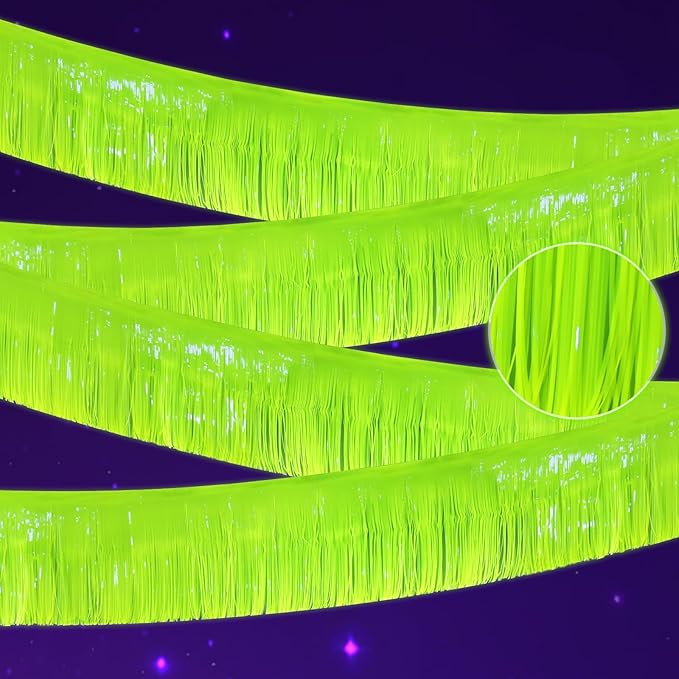 Mega-L Glow in The Dark Party Supplies, 4 Pack Foil Fringe Garland Birthday Party Decorations 9.8 ft Fluorescent Macaron Yellow Metallic Tinsel Streamers Banner, Glitter Photo Booth Prop Table Skirt
