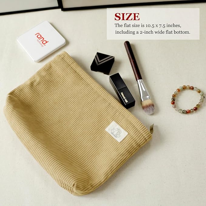HAPPYHEIDI Cute Corduroy Pouch Makeup Bag Cosmetic Toiletry Travel, Tote Purse Organizer, Machine Washable, Large Capacity, Camel Yellow Brown