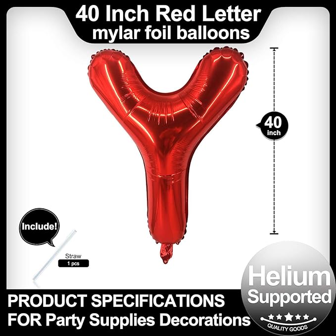 40 Inch Red Letter Y Balloons, DIY Phrase Foil Alphabet Letter Y Balloons DIY Word Y Banner for Birthday Anniversary Celebration Graduation Party Supplies Decoration