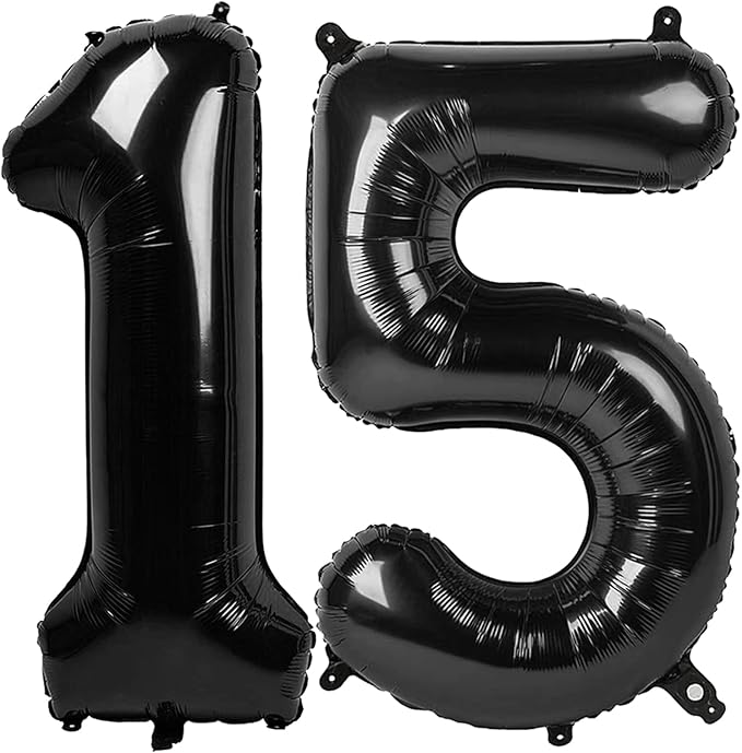 15 Balloon Number, Black Number 15th Birthday Balloons 40 Inch, Sweet 15 Years Old Black Birthday Decorations for Boys Girls, 15th Anniversary Decorations