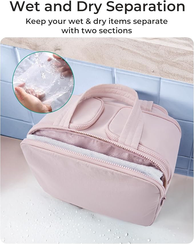 BAGSMART Travel Toiletry Bag, Crush Toiletry Bag for Women, Wide-open Puffy Toiletry Bags for Traveling, Large Travel Cosmetic Makeup Bag Organizer for Accessories,Toiletrie, Pink
