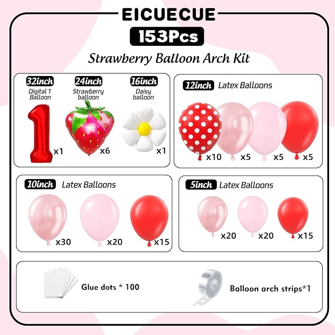 Strawberry Balloons Garland Arch Kit -Berry First Birthday Party Decorations, Number 1 Balloon and Pastel Daisy Balloons for Girls Sweet One Baby Shower Strawberry Themed Decoration