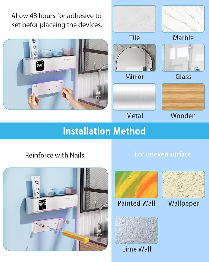 Toothbrush Holders Wall Mounted for Bathrooms, Toothbrush Holder - Smart Home & Bathroom Decor Tooth Brush Holders with 3 Cups, Features a Clock and auto Motion-Activated Night Light