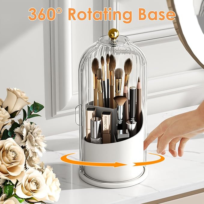 Makeup Brush Holder with Lid 360 Rotating Clear Dustproof Make Up Organizers for Vanity Bathroom Countertop, Transparent