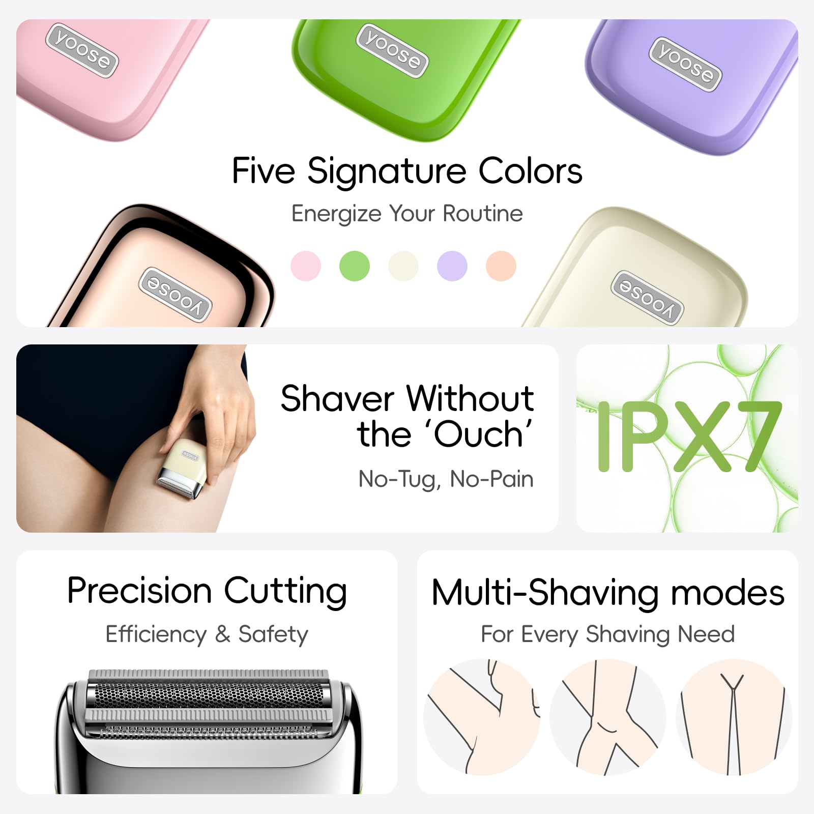 yoose Electric Razors for Women, IPX7 Alloy Body Bikini Trimmer for Women (USB-C, Trimmer Comb, Multi Shaving Modes), Portable Size, Porcelain White