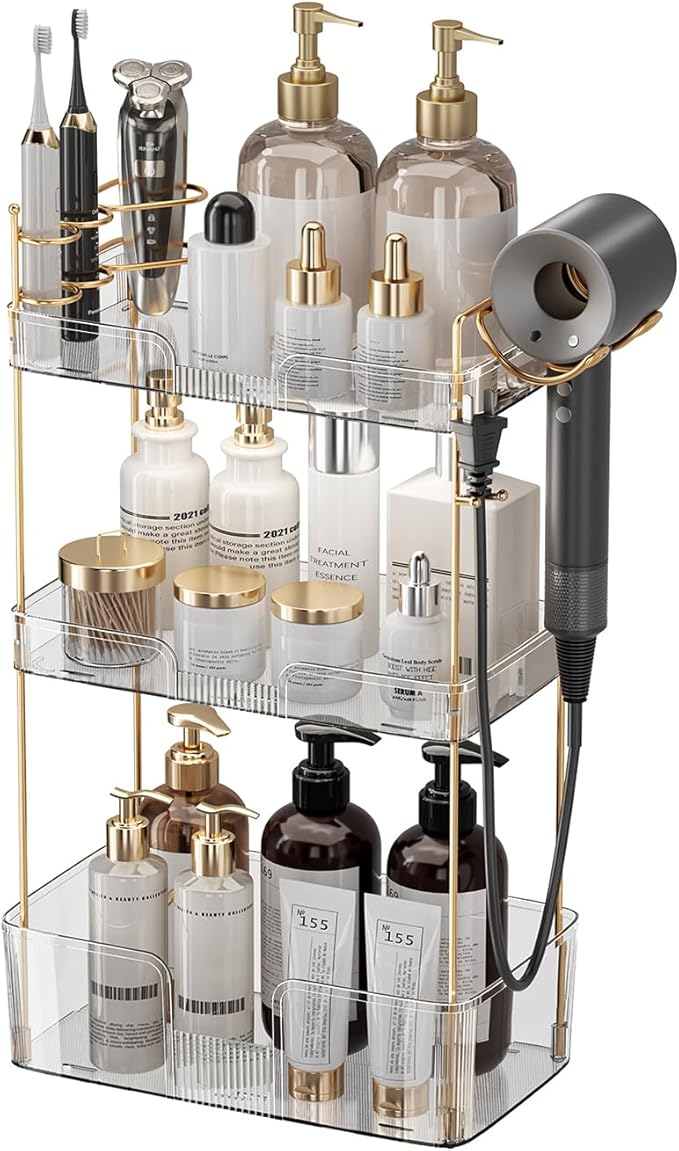 Bathroom Counter Organizer Countertop, 3 Tier Makeup Perfume Storage with Hair Dryer Rack and Toothbrush Holder, Cosmetic Tray for Vanity - Clear