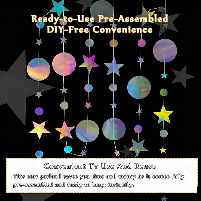 52 Feet Star Garland Banner Decorations for Party,Gold Star Hanging Bunting Banner Hanging Glitter Stars Garland Christmas Birthday Decorations (4 Pack Round Star)
