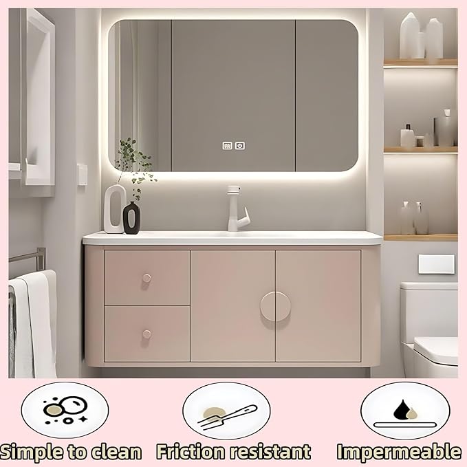 64IN Pink Modern Bathroom Vanity - Bathroom Vanities Set with 2 Drawers Wall Mounted | Rounded Corner Smart Defogging Mirror Cabinet with Lighting & Time Display, Side Opening Storage Shelf (Style A)