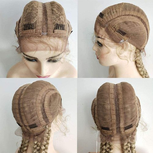 xiweiya 36”Long Blonde Brown Braided Wig 100% Hand Braided Brown Twisted Braids 360 Swiss Lace Front Wig Light Brown Double Dutch Braided Wigs with Baby Hairs for Women
