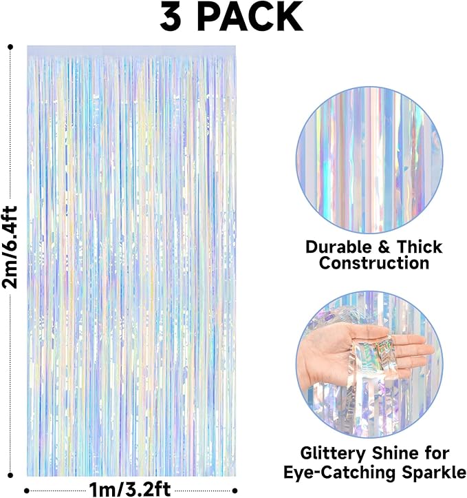 jijAcraft 3 Pack Iridescent Tinsel Foil Fringe Curtain, Holographic Party Photo Backdrop for Mermaid Party Birthday Graduation Engagement Bridal Shower Bachelorette New Year Baby Shower Party Decor