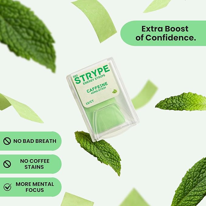 Energy Strips | Instant Caffeine in a Strip | 80mg per Serving | Portable Caffeine + Breath Mints | Zero Calories & Zero Sugar | Spearmint Flavor | 12 Strips per Pack