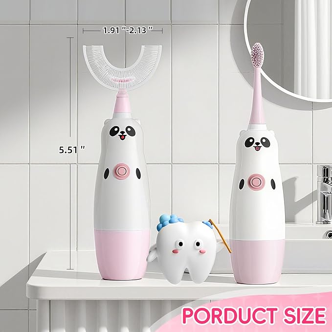 Kids U-Shaped Electric Toothbrush with 2 Brush Heads, Toddlers Sonic with 360 Degree Cleaning, Soft Bristles, Battery Included, IPX7 Waterproof, Cute cartoon for Girls and Boys, Ages 8-13 (Pink)