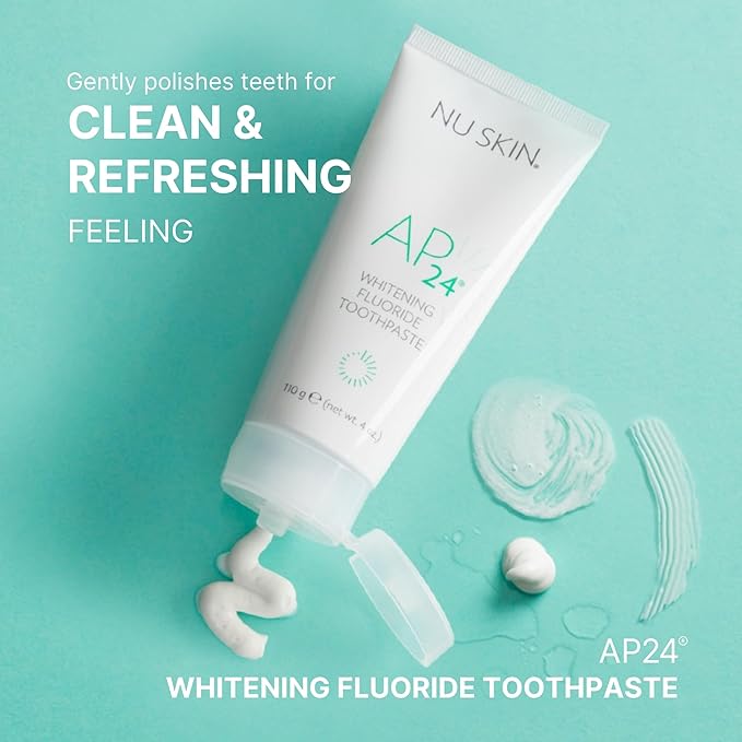 Nu Skin AP 24 Whitening Fluoride Toothpaste | AP 24 Blend | Vanilla Mint Flavor | Brightens Teeth | Removes Surface Stains | Prevents Dental Cavities & Plaque | Enamel-Safe | 4 oz | 2 Pack