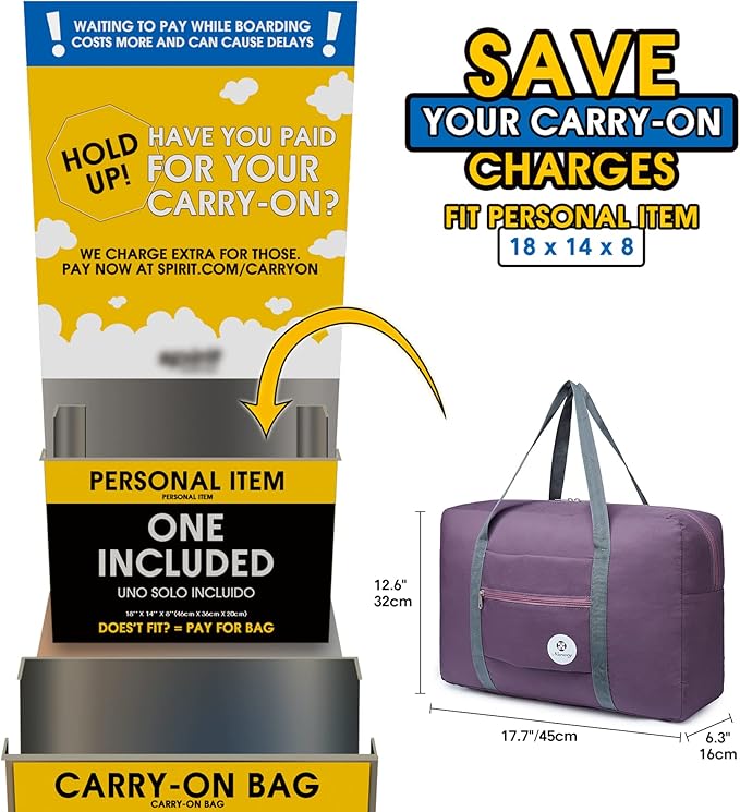 For Spirit Airlines Personal Item Bag Foldable Travel Duffel Bag Tote Carry on Luggage Duffle Overnight for Women and Men