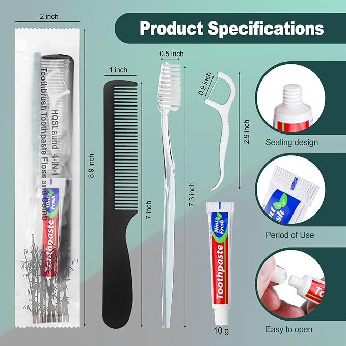 50pcs Disposable Toothbrushes with Toothpaste and Comb Floss Individually Wrapped, 4-in-1 Bulk Toothbrush Kit with 2 Color Toothbrush,10g Toothpaste,7 inch Comb, Floss Pick for Homeless,Hotel