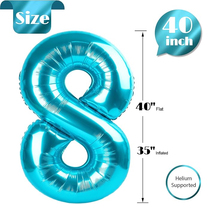 Light Blue Number 8 Balloon 40 Inch, 8 Balloon Number, 8th Birthday Decorations, Light Blue Party Supplies for Boys Girls