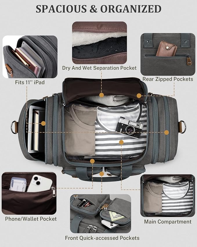 Gonex Canvas Duffle Bag for Travel, Expandable Water Resistant 50L Carry on Duffel Overnight Weekender Gym Bag with Wet Dry Separation Pocket & Suitcase Handle Sleeve, Grey