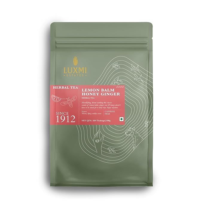 Luxmi Estates Lemon Balm Honey Ginger Loose Leaf Tea, 50 Tea Bags, Organic Herbal Tea, Caffeine Free Tea Bags for Relaxing, Calming, and Stress Relief, With Certified Organic Lemon Balm Tea