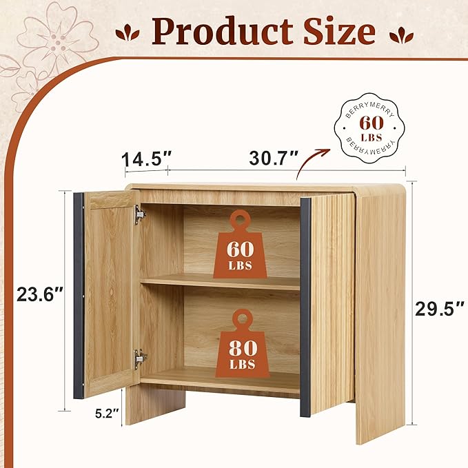 BERRYMERRY 2 Door Fluted Sideboard Buffet Cabinet with Storage, Modern Wood Cabinet with Adjustable Shelves for Living Room, Dining Room (Light Wood 6 Doors)