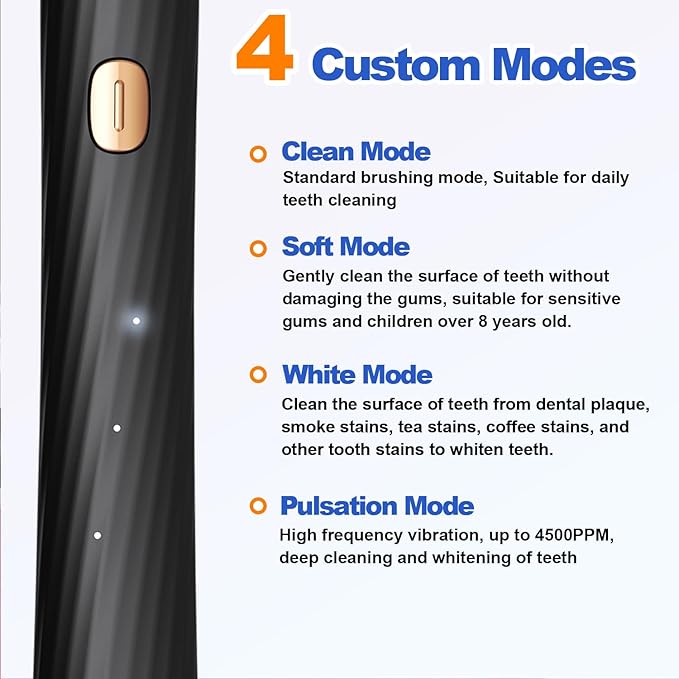 FXQQZZ Electric Toothbrush for Adults and Kids, with Tongue Scraper and Travel Case, 8 Brush Head, Smart Timer & 4 Modes Rechargeable Toothbrush, 42000 VPM Deep Clean, One Charge Last 90 Days - Black