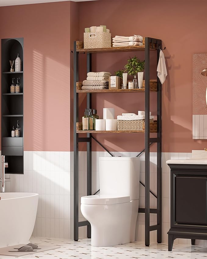 Ecoprsio Over-The-Toilet Storage Rack, 3-Tier Bathroom Organizer Shelf Over Toilet, Freestanding Space Saver Toilet Stands with 4 Hooks, Rustic Brown