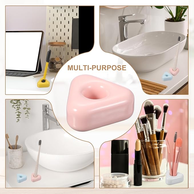 uxcell 2 Pcs Mini Ceramics Toothbrush Holder Stands, Sleek Mini Countertop Toothbrush Triangle Shape Ceramic Holder Stand for Bathroom Vanity Countertops, Pink