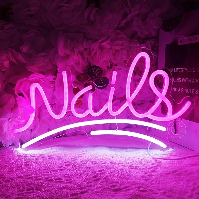 SYLHOME Nails Led Neon Light Sign Pink Business Wall Windows Sign Decor Nails Bar Beauty Salon Girls Bedroom Hanging Light Up Sign USB Birthday Makeup Decor 15.75"X8.7"