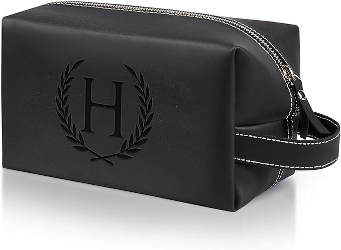 Personalized Gifts Travel Toiletry Bag for Men Engraved Initial PU Leather Waterproof Shaving Bag for Toiletries Accessories Fathers Day Birthday Gift for Men Dad Husband Son, Black H