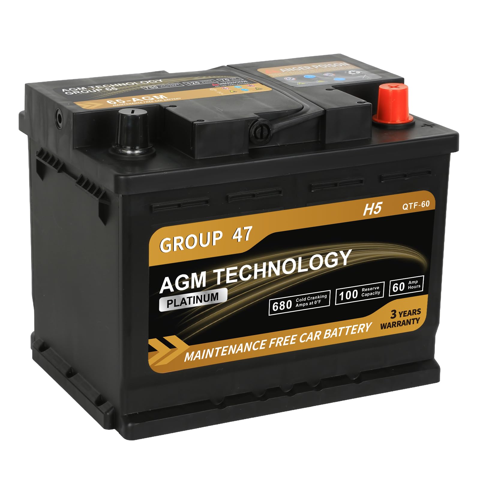 Daakmax Platinum Agm Car Battery Group Size 47 H5, 12V 60Ah, 680 Cca, 100 Rc, Rechargeable Start-Stop Automotive Battery With 36