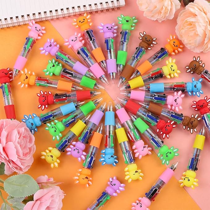 36pcs Fun Party Favor Pens Axolotl Mini Multicolor Pens in One 4-in-1 Bulk Kawaii Axolotl Cute Writing Stationery for Birthday Gifts Party Favors Supplies Rewards Holiday Gifts