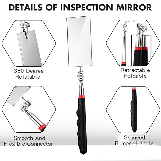 1 Pcs Telescoping Inspection Mirror Mechanics Automotive Tool with Long Handle Extendable Mirror on a Stick for Technicians Mechanics Contractors Checking Observation(Black,Square)