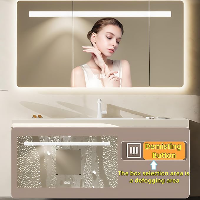 44in Elegant Modern Luxury Bathroom Vanity with Sink - Wall Mounted Solid Wood Cabinet & Smart LED Defogging Mirror | Single Sink Bathroom Cabinets