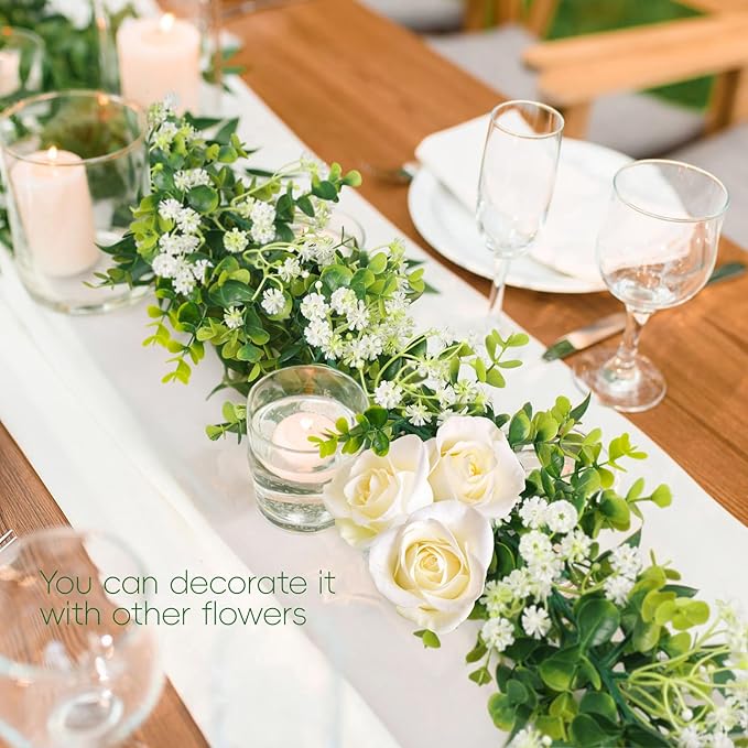 6FT Eucalyptus Garland with Flowers, 6 Pack Artificial Greenery Garland Hanging Spring Eucalyptus Garland Suitable for Table Wedding Backdrop Arch Wall Party UV Protected Indoor Outdoor Decor