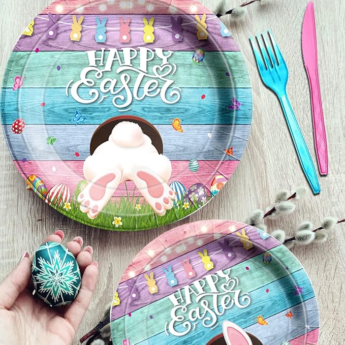 Easter Party Supplies-Happy Easter Tableware,142pcs Easter Plates and Napkins Bunny Plates Easter Tablecloth for Colorful Spring Easter Party (Tableware)