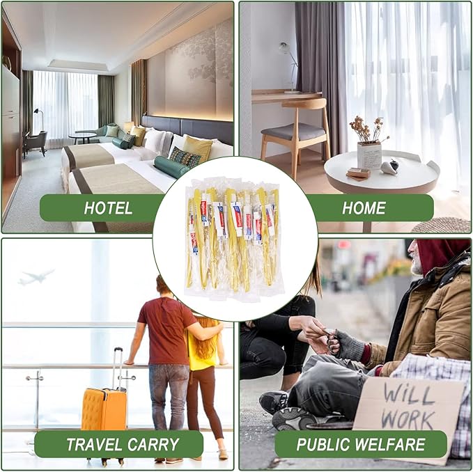 Disposable Toothbrushes with Toothpaste,50 Pack Yellow Hollow Individually Wrapped Disposable Travel Toothbrushes Kit in Bulk for Homeless,Nursing Home,Hotel,Charity