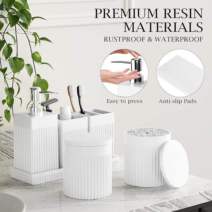 6-Piece White Bathroom Set - Modern Resin Bathroom Accessories Set with Soap Dispenser, Toothbrush Holder, Vanity Tray, Tumbler & Apothecary Jars for Small Spaces