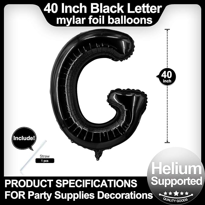40 Inch Black Letter G Balloons, DIY Phrase Foil Alphabet Letter G Balloons DIY Word G Banner for Birthday Anniversary Celebration Graduation Party Supplies Decoration