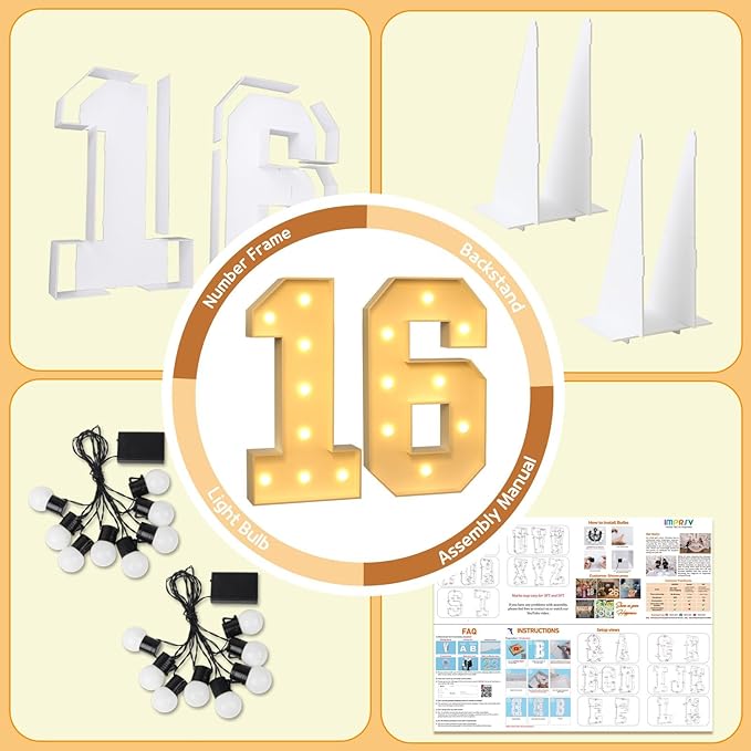 imprsv 3FT Marquee Light Up Numbers, Marquee Numbers 16th Birthday Decorations for Girls Boys, 16th Birthday Women Foam Board Anniversary Party Decorations Arch Kit (DIY)