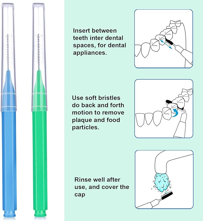 Patelai 100 Pieces Braces Brush for Cleaner Interdental Brush Toothpick Dental Tooth Flossing Head Oral Dental Hygiene Flosser Toothpick Cleaners Tooth Cleaning Tool (Blue, Green,Elegant Size)