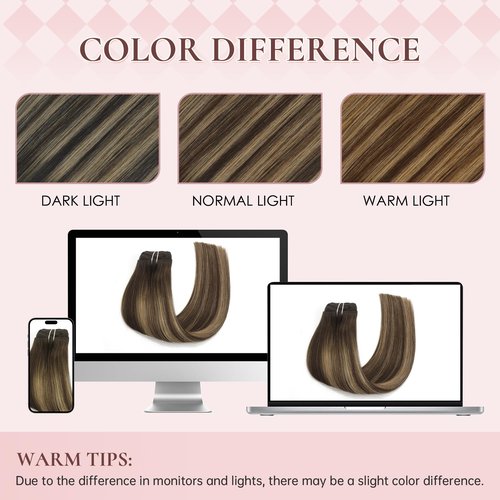 Hyssiet 18 Inch Invisible Clip in Real Human Hair Extensions,Balayage Chocolate Brown to Caramel Blonde,85 Gram 7 Pieces With 16 Clips,Remy Thick Straight Hair, No Slip, No Shedding