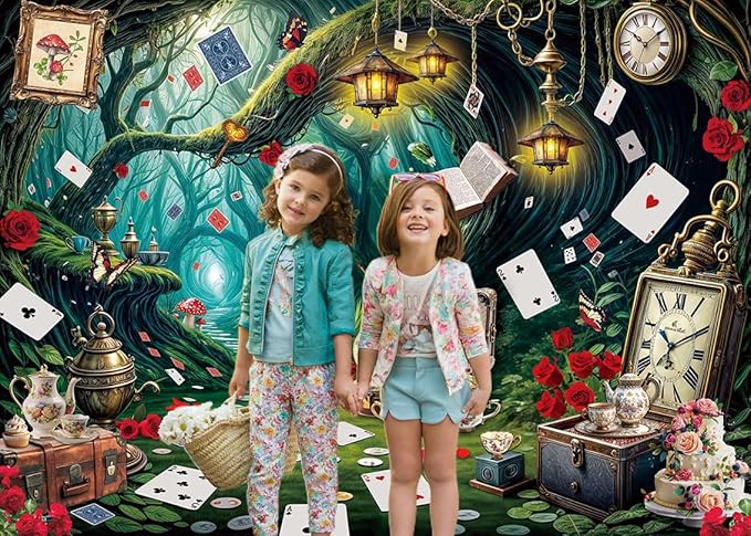 Wonderland Tea Party Backdrop Green Leaves Checkerboard Photography Background Wonderland Girls Kids Birthday Party Party Decoration Banner Supplies (94x70inch(8x6FT))