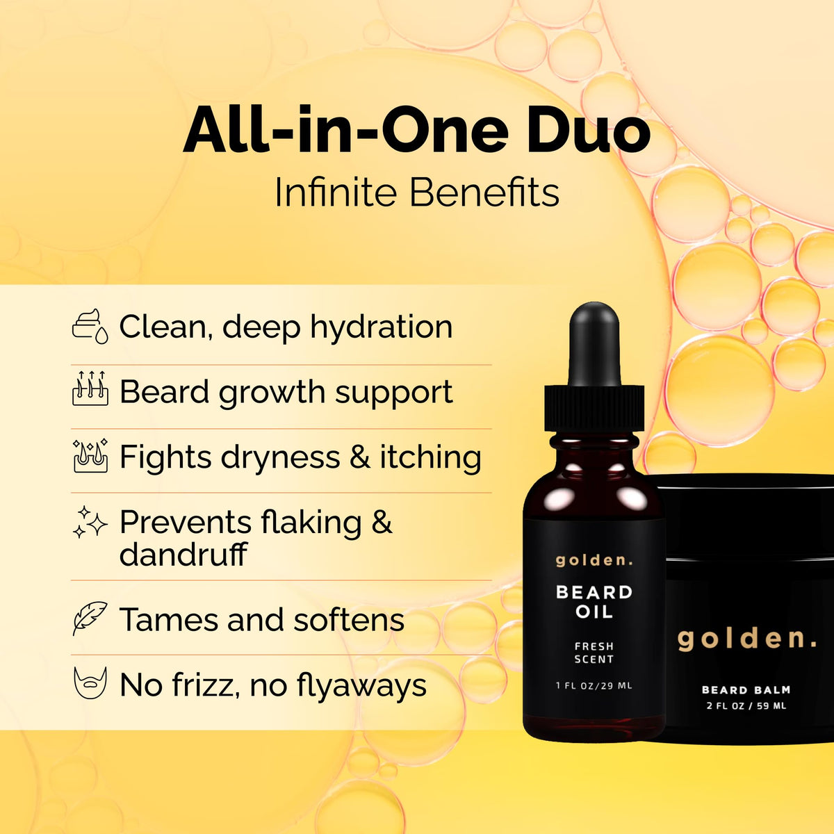 Golden Grooming Beard Bundle for Black Men - Natural Growth Kit with 2oz Balm & 1oz Oil - Shea Butter Conditioner - Fresh (Regular)