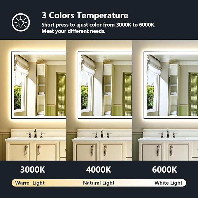 66x36 Inch LED Bathroom Mirror with Lights (Front Lit and Backlit) Black Framed Lighted Vanity Mirror for Bathroom Wall Dimmable Anti-Fog Memory Tempered Glass Horizontal/Vertical