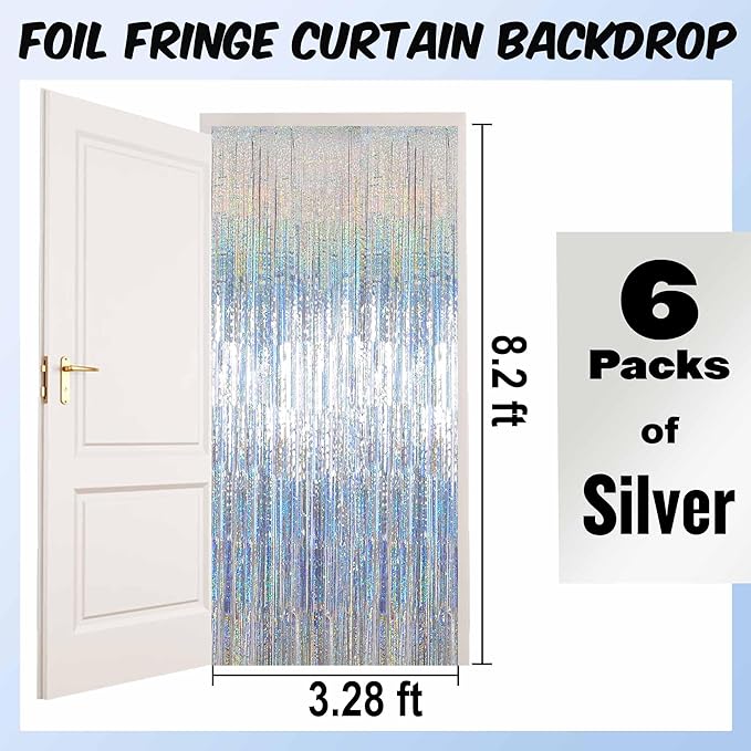 6 Pack Silver Foil Fringe Curtains Backdrop, 3.28 x 8.2 Ft Metallic Streamers Tinsel Curtains Background for Photo Booth, Birthday, Christmas, Halloween, Thanksgiving, New Year Party Decorations