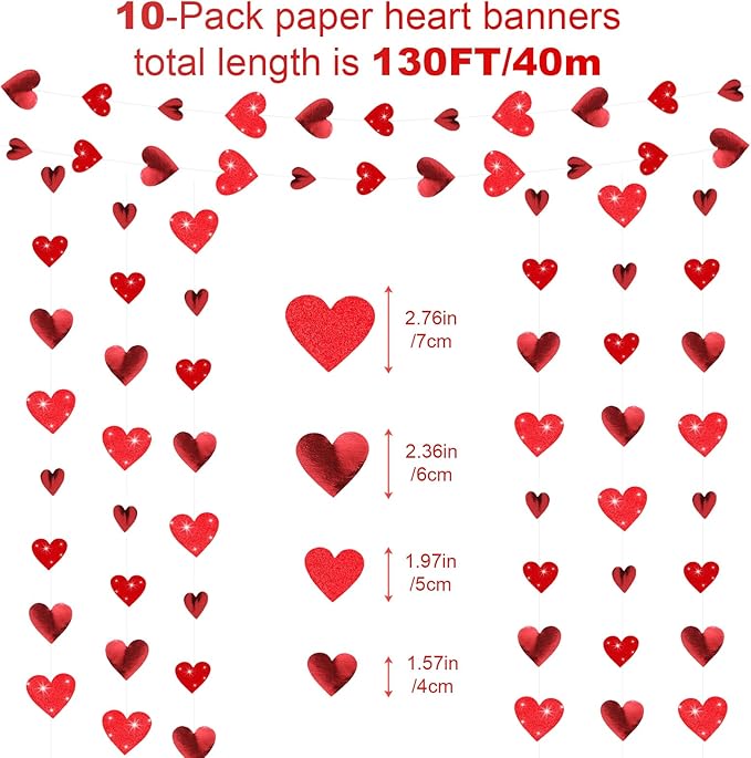 10 Pack 130ft Glitter Red Holographic Heart Party Garland Asymmetrical Love Hanging Banners for Birthday Wedding Decorations Mothers Day Bachelorette Bridal Shower Engagement